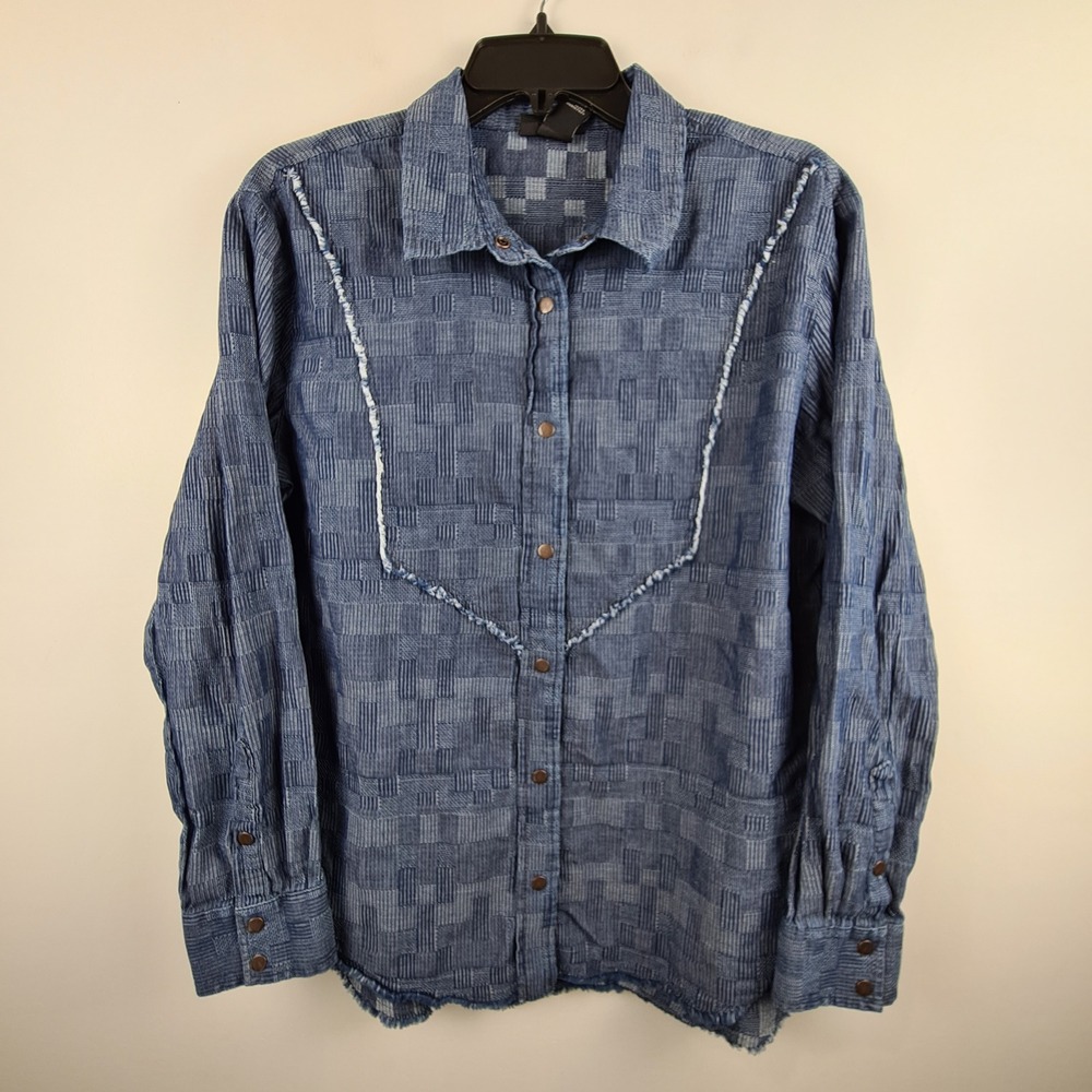 Wrangler Retro Women Blue Textured Patchwork Western Snap Button Shirt M Cowgirl